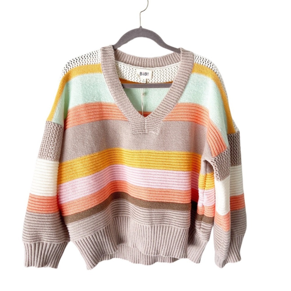 Bibi Boutique Multicolor Striped V Neck Oversized Sweater Size Medium NWT
